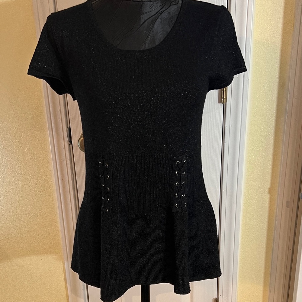 Candie's Black Short Sleeve Top with Lace-Up Detail